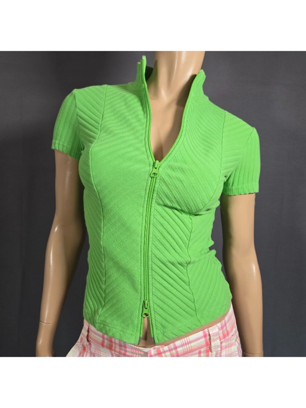 Y2K Green Ribbed 2 Way Zip Up Top Size M Fitted Short sleeve 2000s